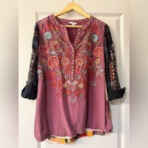 John Mark Floral Embroidered Blouse with Plaid Sleeves
